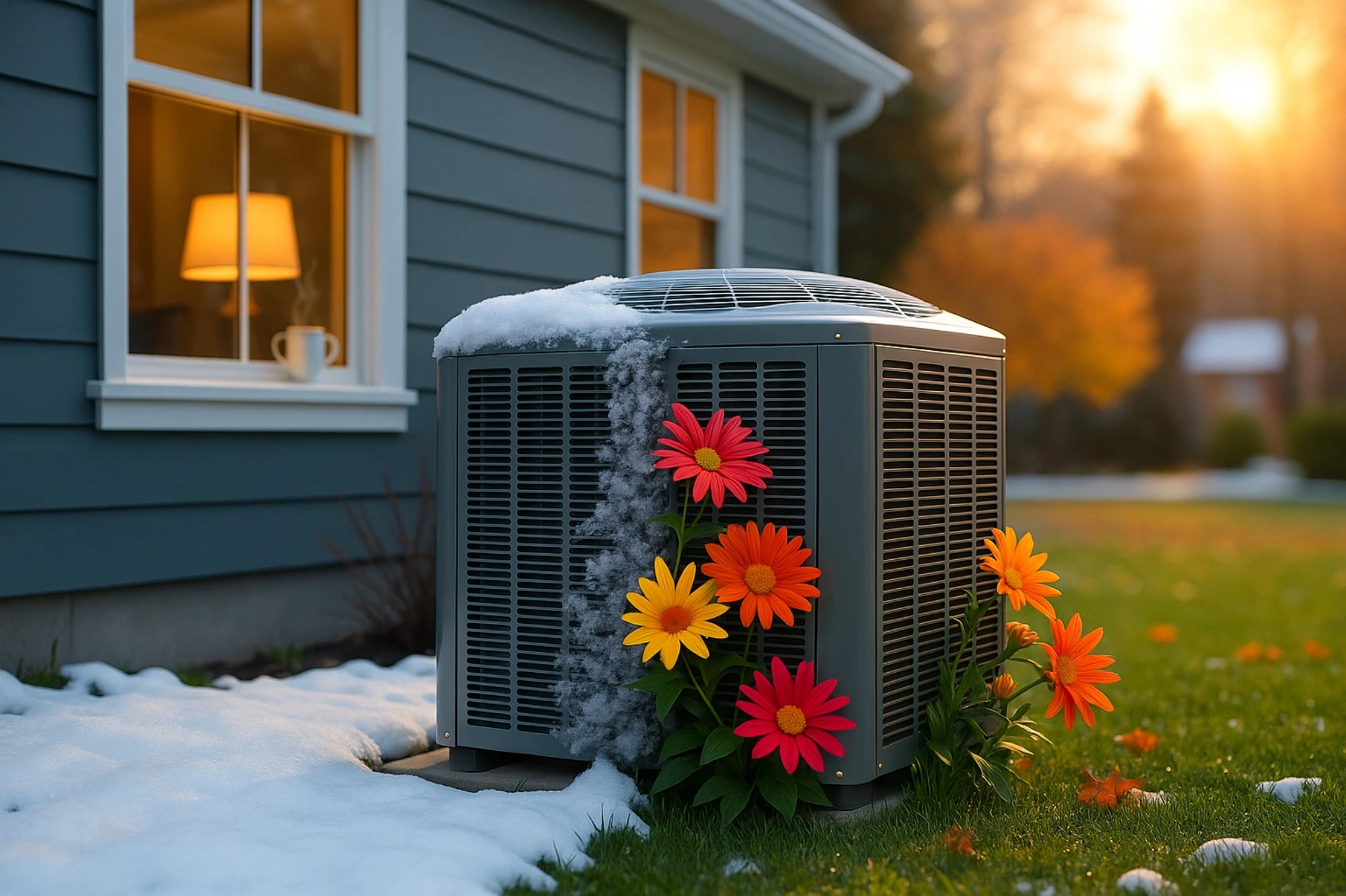  Residential outdoor heat pump or air conditioning unit next to a brick house
